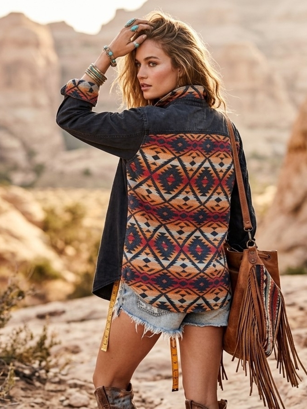 We The Free Black Denim Shacket with Aztec Back Panel